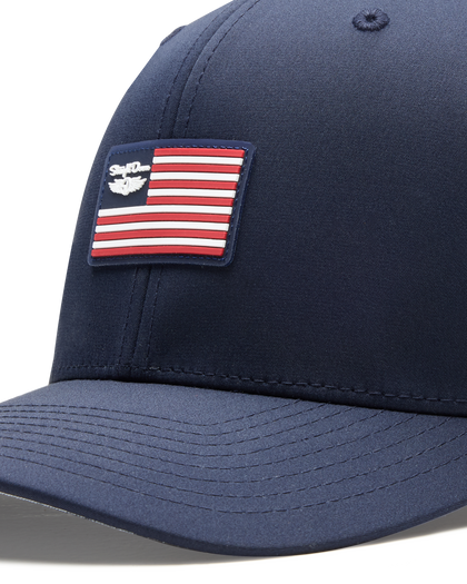 Allegiance Hat in Navy with American flag patch, patch detail view