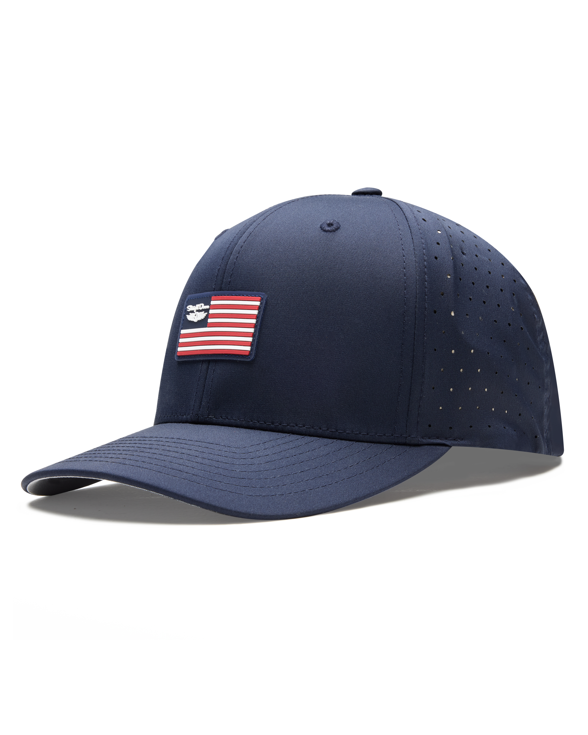 Allegiance Hat in Navy with American flag patch, side angle view