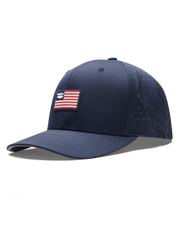 Allegiance Hat in Navy with American flag patch, side angle view