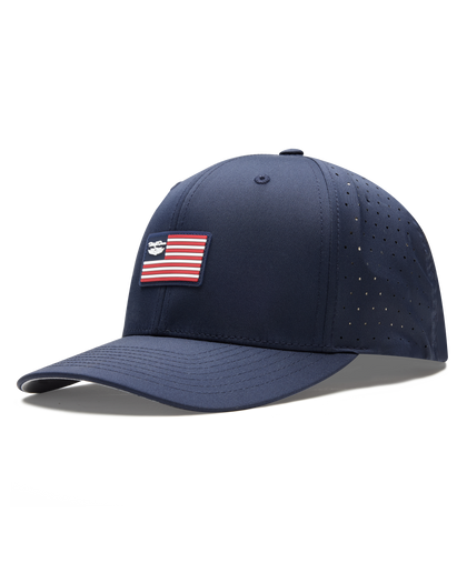 Allegiance Hat in Navy with American flag patch, side angle view