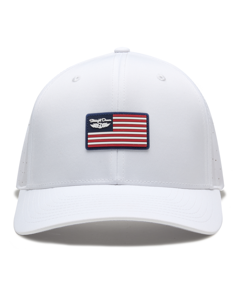 Allegiance Hat in White with American flag patch, front view