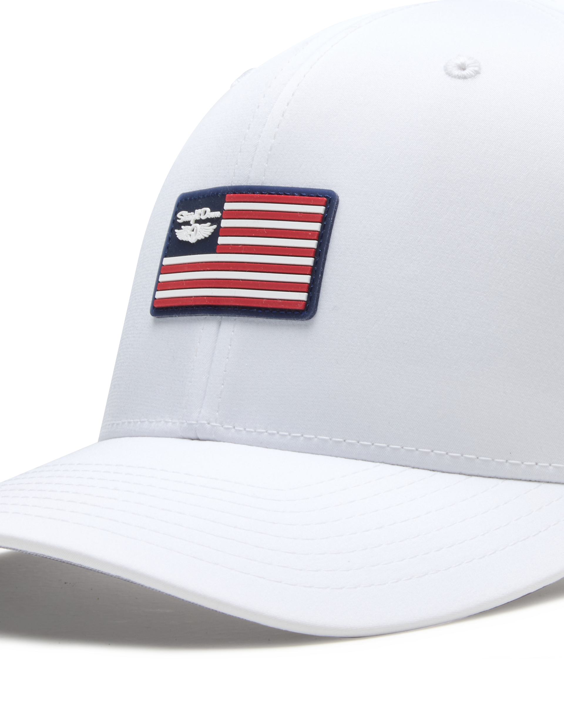 Allegiance Hat in White with American flag patch, patch detail view