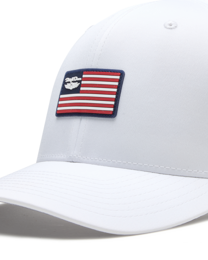 Allegiance Hat in White with American flag patch, patch detail view