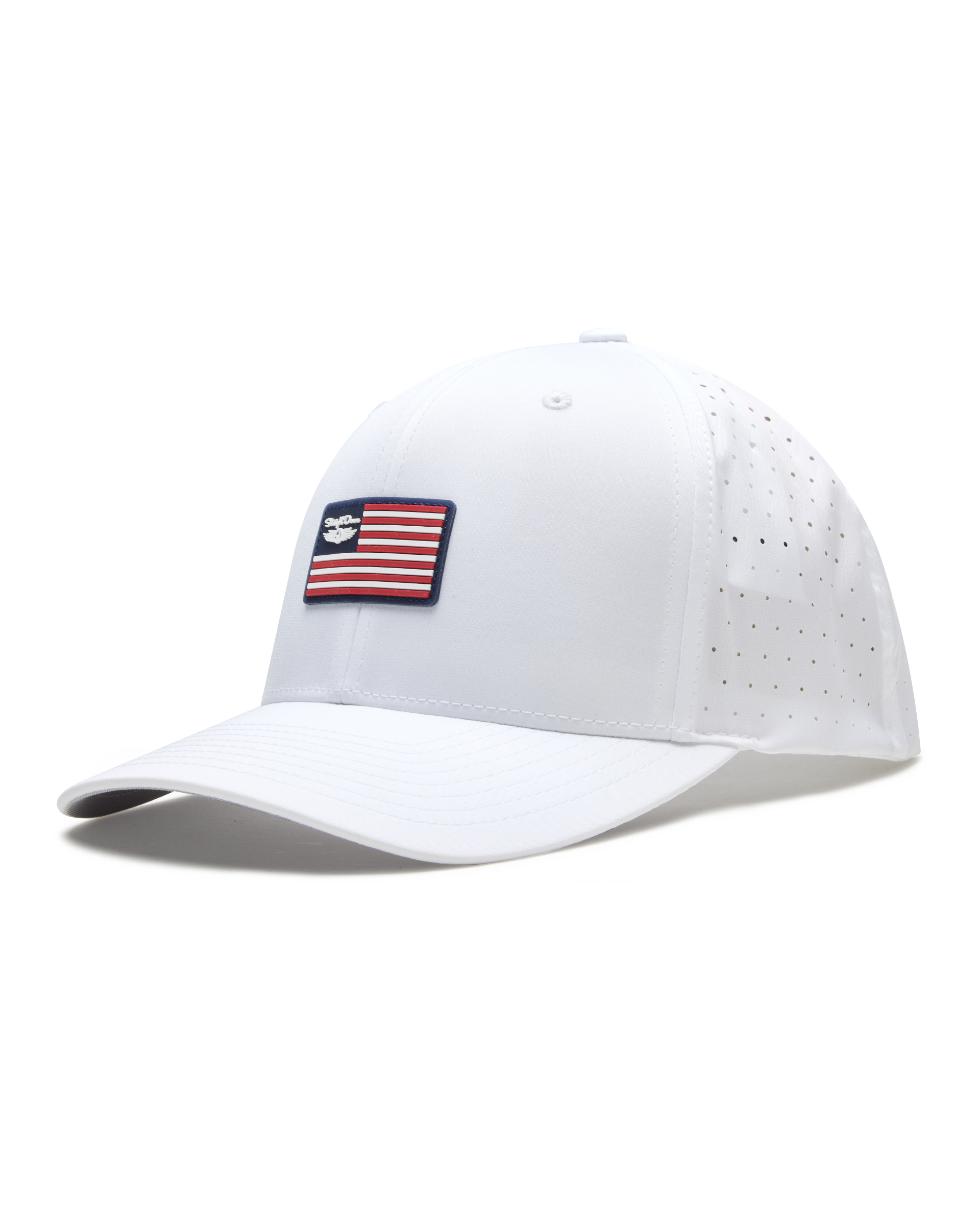 Allegiance Hat in White with American flag patch, side angle view