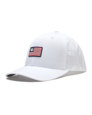 Allegiance Hat in White with American flag patch, side angle view