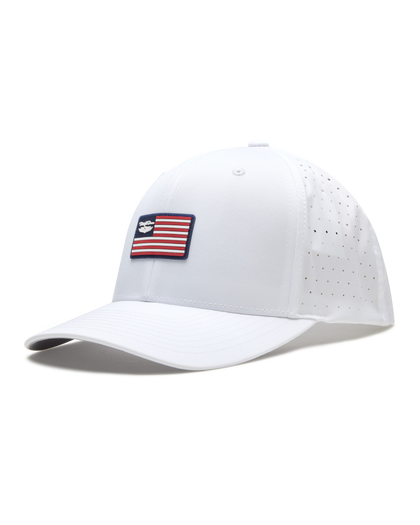 Allegiance Hat in White with American flag patch, side angle view