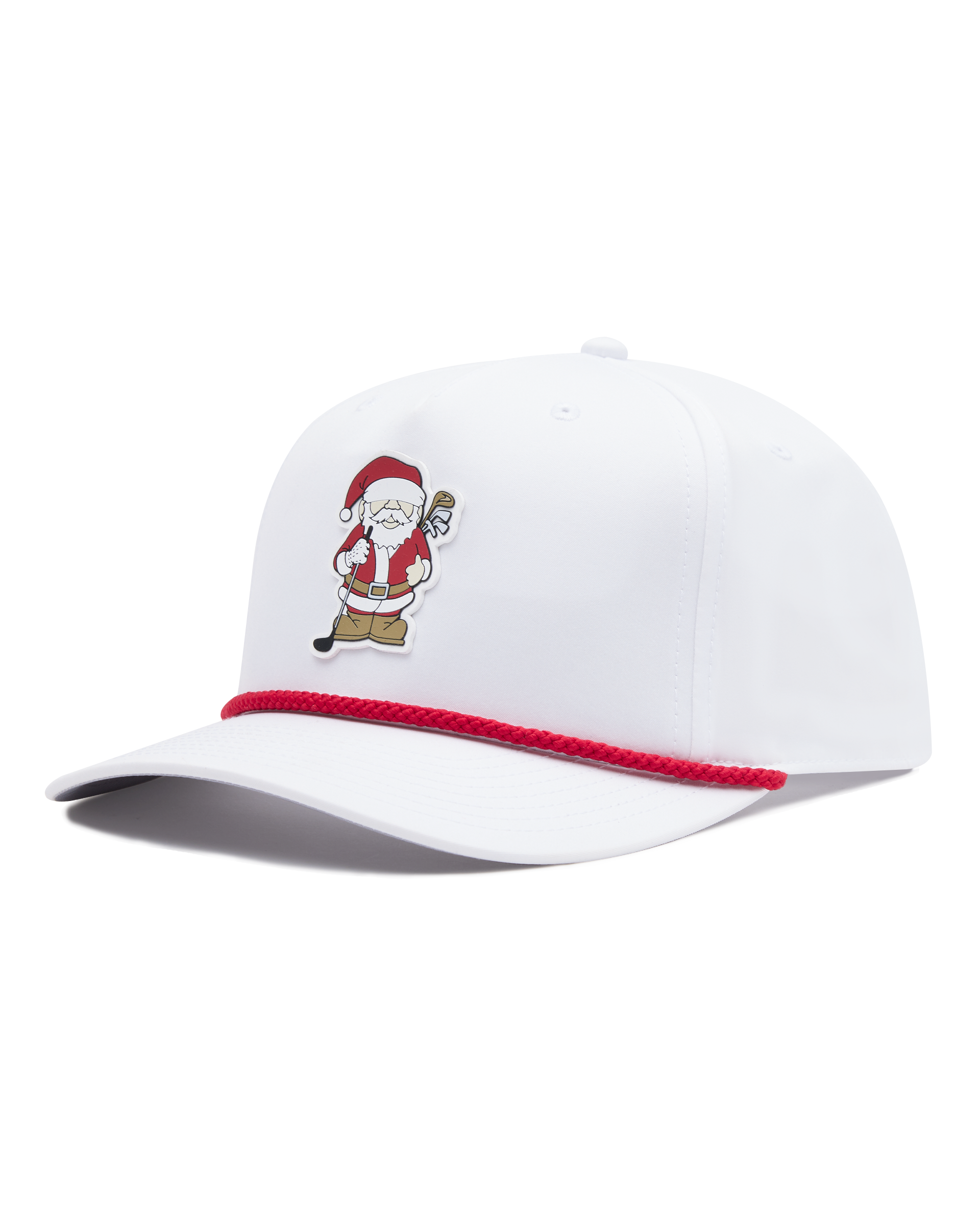 White Holiday Rounds Hat featuring a Santa Claus golfer patch on the front, red rope detailing across the brim, and a curved bill.