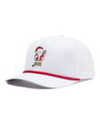 White Holiday Rounds Hat featuring a Santa Claus golfer patch on the front, red rope detailing across the brim, and a curved bill.
