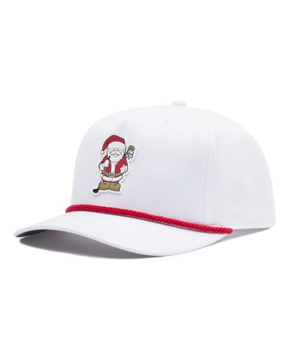 White Holiday Rounds Hat featuring a Santa Claus golfer patch on the front, red rope detailing across the brim, and a curved bill.