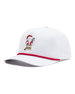 White Holiday Rounds Hat featuring a Santa Claus golfer patch on the front, red rope detailing across the brim, and a curved bill.