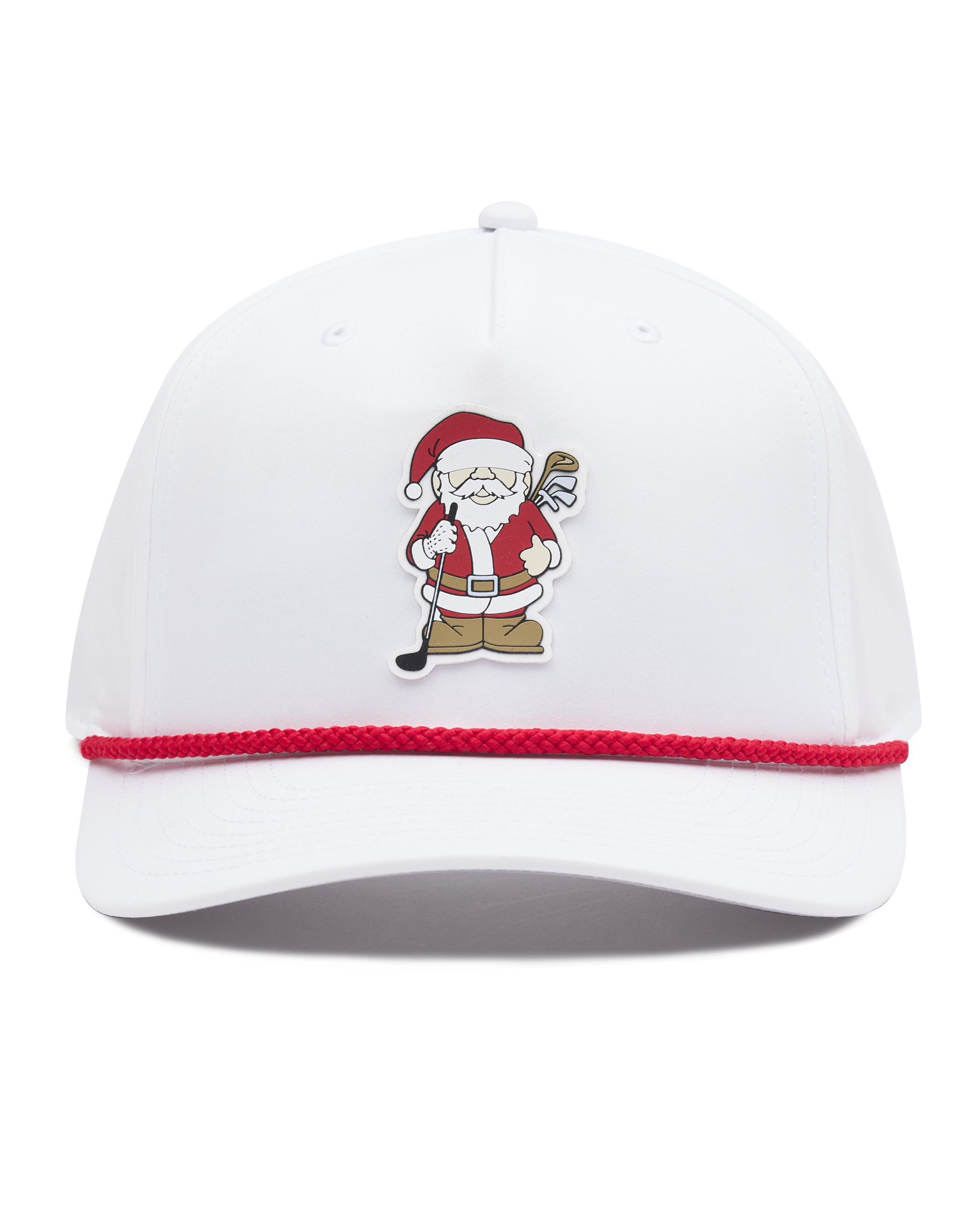 Front view of the white Holiday Rounds Hat featuring a festive Santa Claus golfer patch and red rope accent above the curved brim.