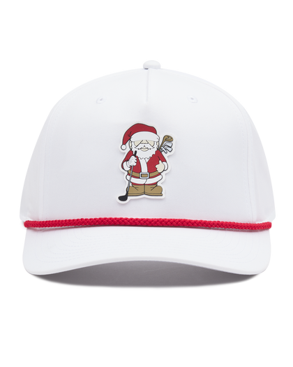 Front view of the white Holiday Rounds Hat featuring a festive Santa Claus golfer patch and red rope accent above the curved brim.