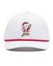 Front view of the white Holiday Rounds Hat featuring a festive Santa Claus golfer patch and red rope accent above the curved brim.
