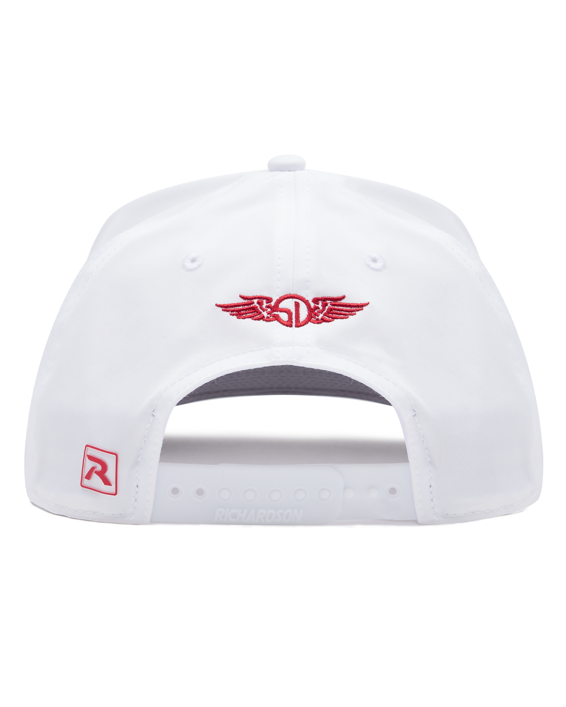 Back view of the white Holiday Rounds Hat featuring a red embroidered Straight Down winged logo and adjustable snapback closure.