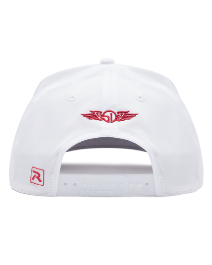 Back view of the white Holiday Rounds Hat featuring a red embroidered Straight Down winged logo and adjustable snapback closure.
