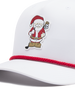 Close-up of the Holiday Rounds Hat in White, highlighting the Santa Claus golfer patch and red braided rope detailing along the brim.