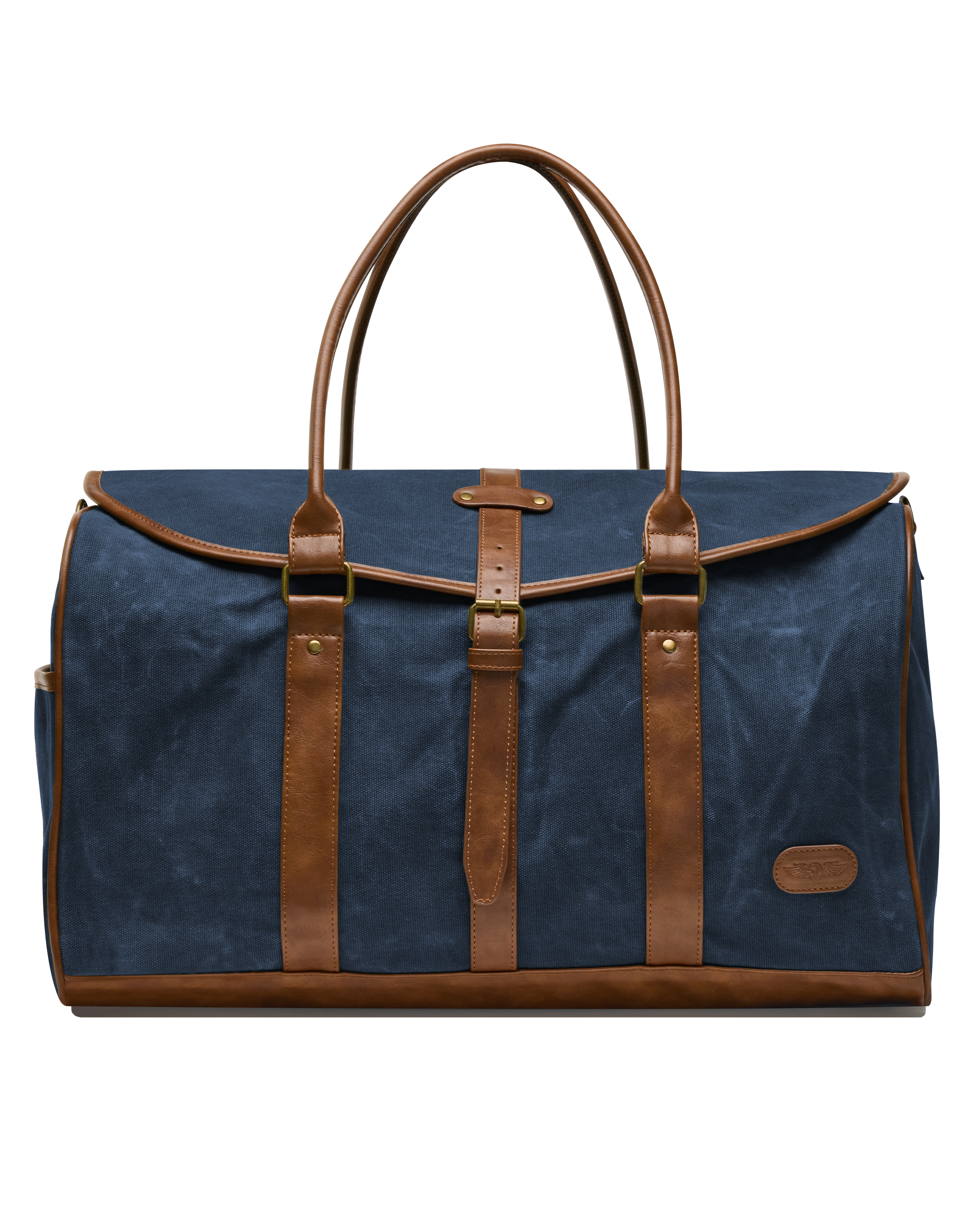 Front view of the Waxed Canvas Duffle Bag in Navy, featuring brown leather handles, leather trim, brass hardware, and a buckle-secured flap closure.