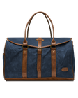 Front view of the Waxed Canvas Duffle Bag in Navy, featuring brown leather handles, leather trim, brass hardware, and a buckle-secured flap closure.