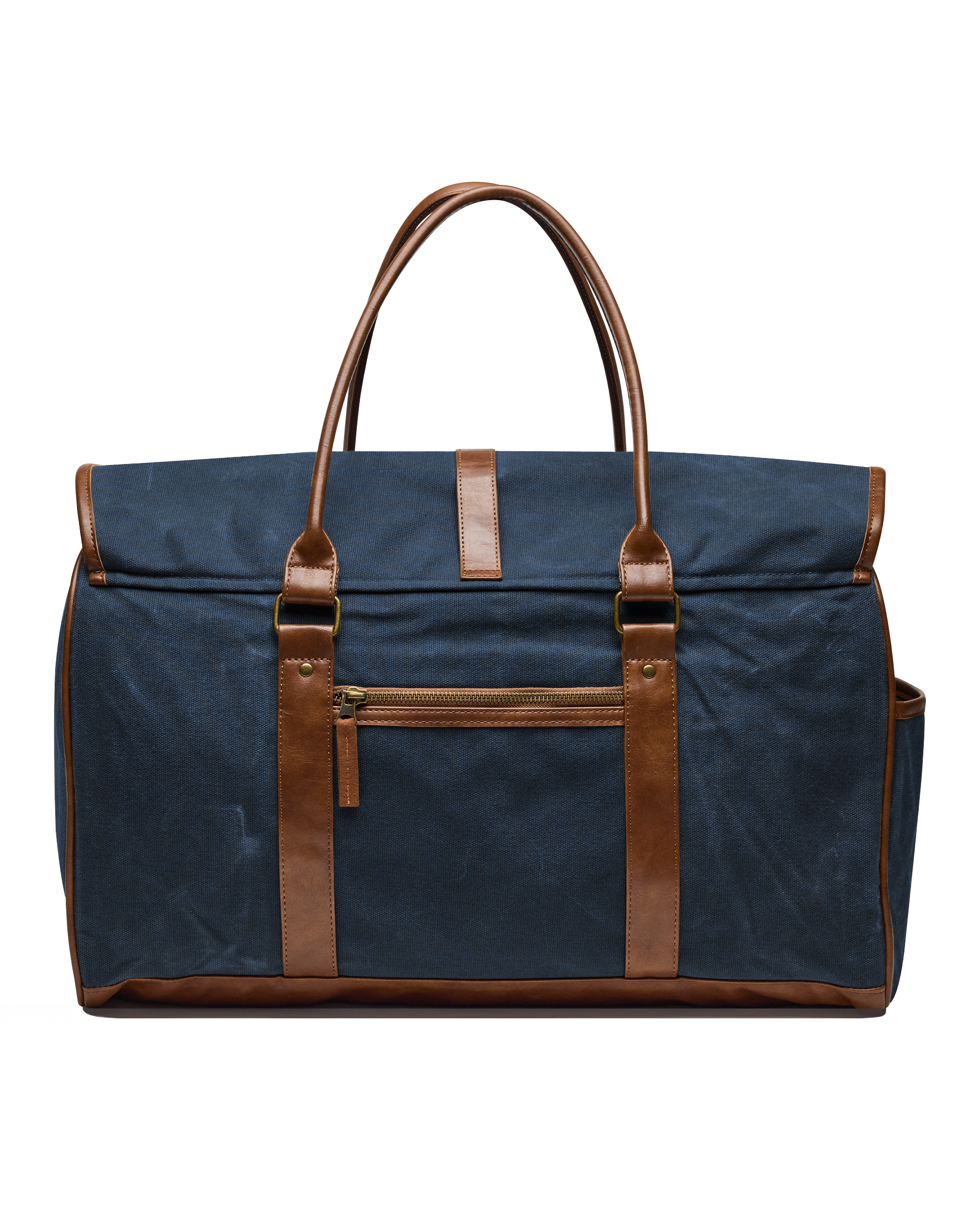 Back view of the Waxed Canvas Duffle Bag in Navy, highlighting the brown leather handles, exterior zippered pocket, and leather trim.