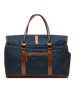 Back view of the Waxed Canvas Duffle Bag in Navy, highlighting the brown leather handles, exterior zippered pocket, and leather trim.