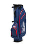 Straight Down Lux Carry Stand Bag in Navy Red, three-quarter front view featuring white Straight Down wing logo, red zipper accents, American flag patch on lower front pocket, and black top handle