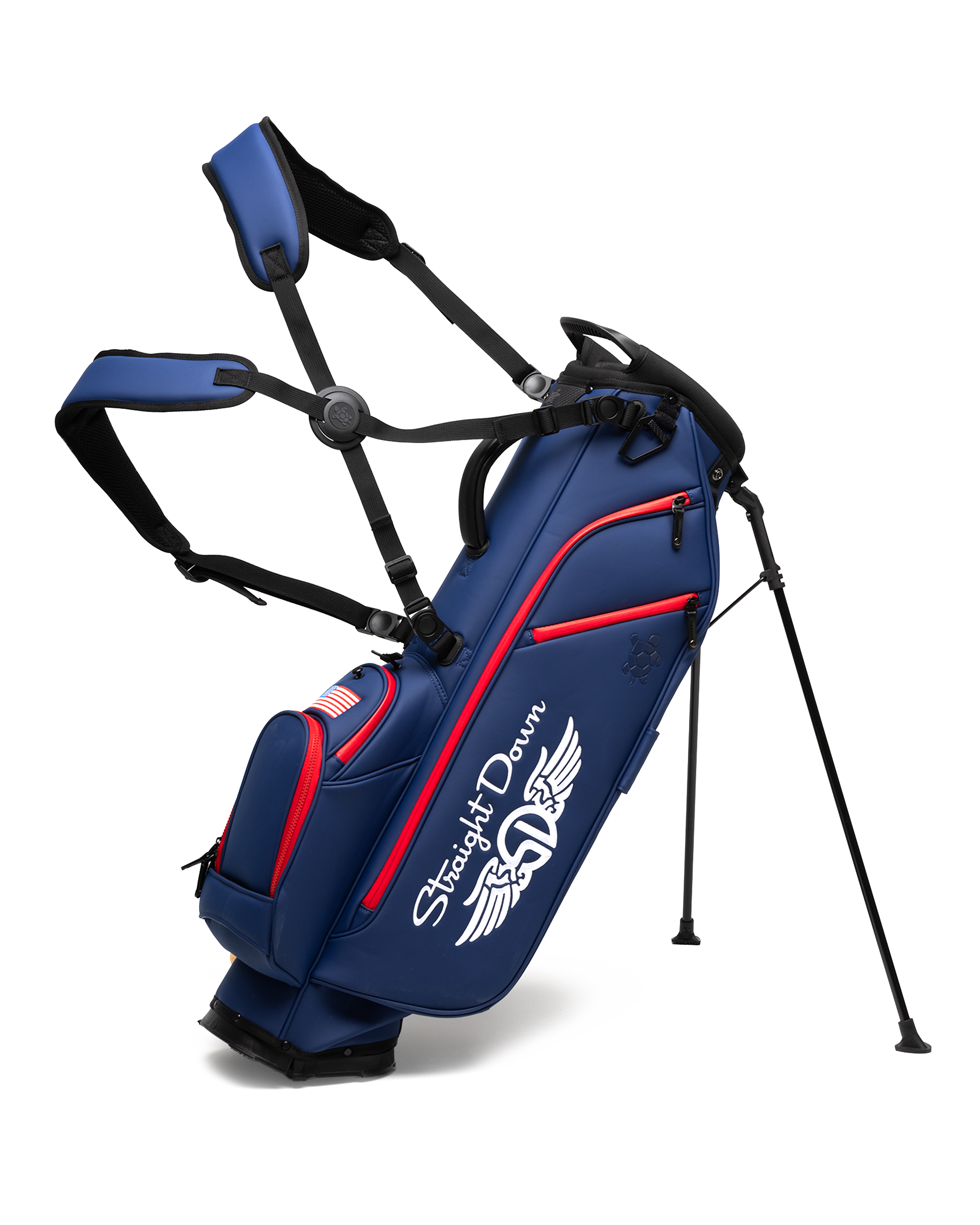 Straight Down Lux Carry Stand Bag in Navy Red, front angle view featuring white Straight Down wing logo, red zipper accents, American flag patch, dual shoulder straps, and deployed kickstand legs