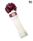 Straight Down Pom Pom Driver Headcover in Red White Blue, product view featuring a cream hand-knit cable knit driver headcover with red and navy stripe detail, an oversized red, white, and navy pom pom, and the Straight Down Golf Company Since 1989 patch