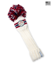 Straight Down Pom Pom Driver Headcover in Red White Blue, product view featuring a cream hand-knit cable knit driver headcover with red and navy stripe detail, an oversized red, white, and navy pom pom, and the Straight Down Golf Company Since 1989 patch