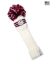 Straight Down Pom Pom Driver Headcover in Red White Blue, product view featuring a cream hand-knit cable knit driver headcover with red and navy stripe detail, an oversized red, white, and navy pom pom, and the Straight Down Golf Company Since 1989 patch