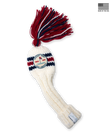 Straight Down Fairway Tassel Headcover in Red White Blue, product view featuring a cream hand-knit cable knit fairway headcover with red and navy stripe detail, a red, white, and navy tassel, and the Straight Down Golf Company Since 1989 patch