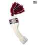 Straight Down Fairway Tassel Headcover in Red White Blue, product view featuring a cream hand-knit cable knit fairway headcover with red and navy stripe detail, a red, white, and navy tassel, and the Straight Down Golf Company Since 1989 patch