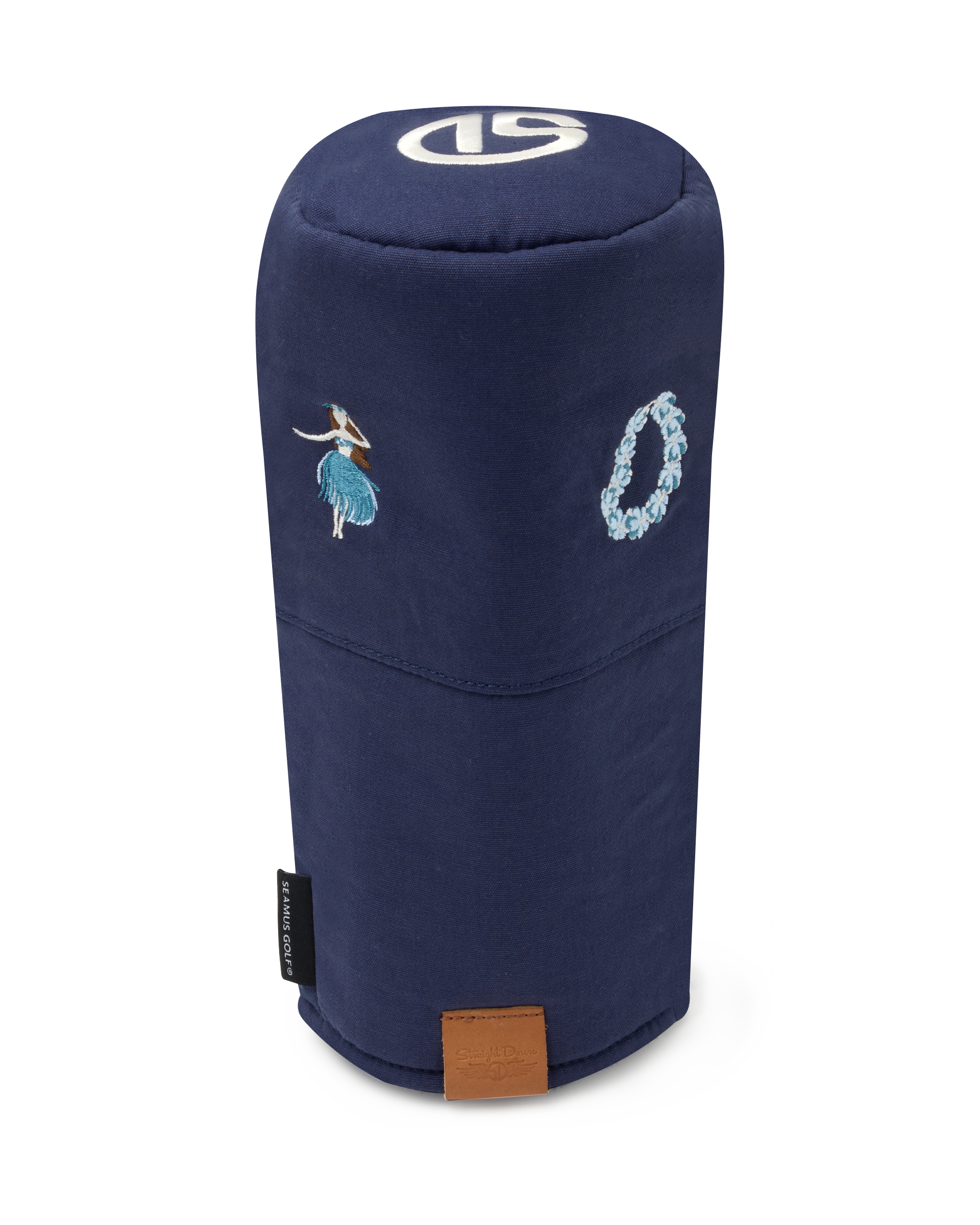 Hula Driver Headcover in Navy, upright view featuring a navy canvas driver headcover with embroidered hula dancer and lei details, Straight Down logo on top, leather Straight Down patch at base