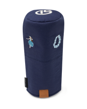 Hula Driver Headcover in Navy, upright view featuring a navy canvas driver headcover with embroidered hula dancer and lei details, Straight Down logo on top, leather Straight Down patch at base