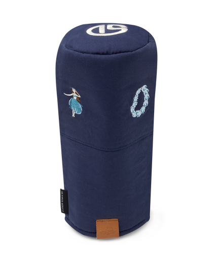 Hula Driver Headcover in Navy, upright view featuring a navy canvas driver headcover with embroidered hula dancer and lei details, Straight Down logo on top, leather Straight Down patch at base