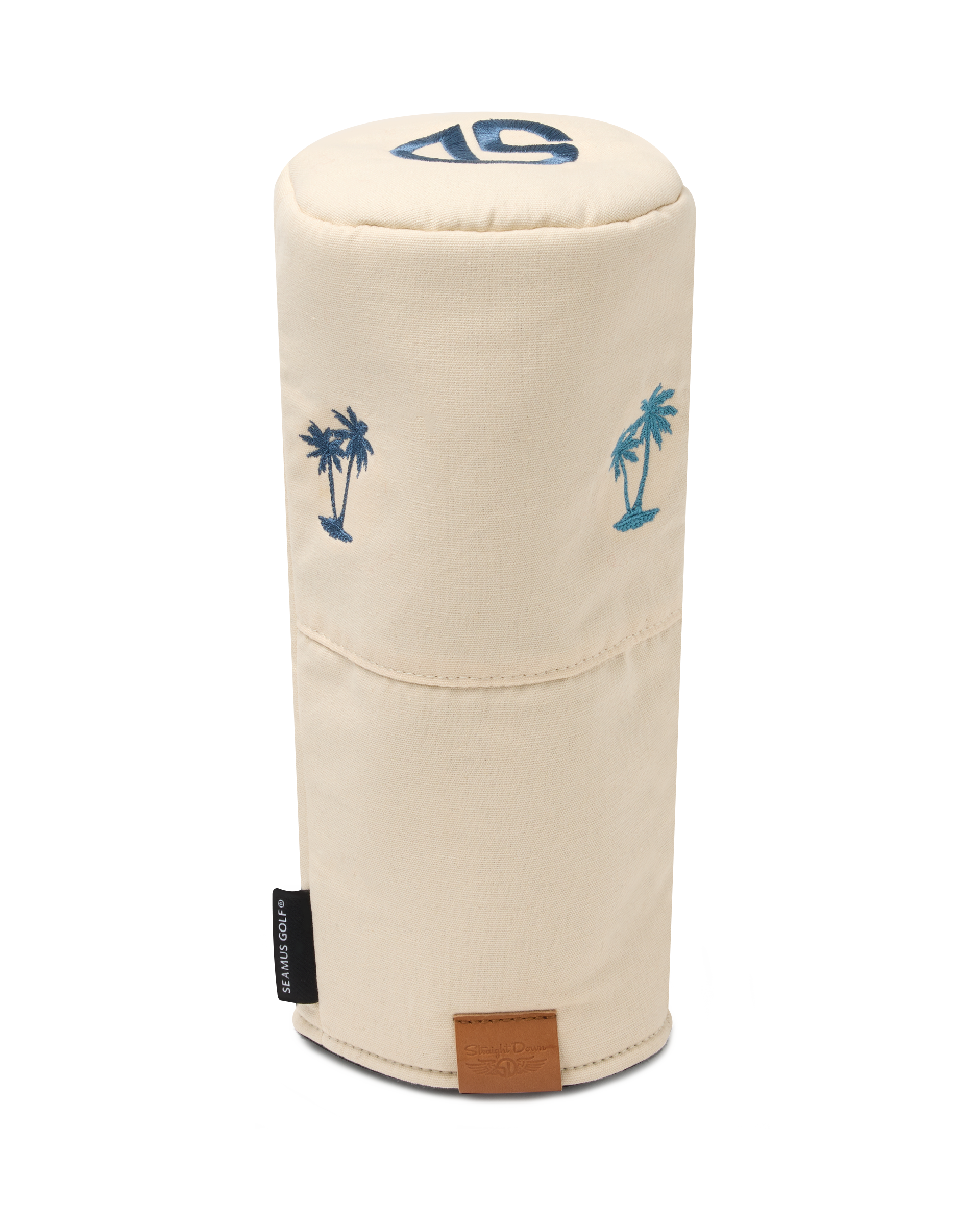 Front view of the Palm Beach Driver Headcover in Cream featuring embroidered blue palm tree motifs and leather logo patch