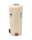 Front view of the Palm Beach Driver Headcover in Cream featuring embroidered blue palm tree motifs and leather logo patch