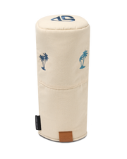 Front view of the Palm Beach Driver Headcover in Cream featuring embroidered blue palm tree motifs and leather logo patch