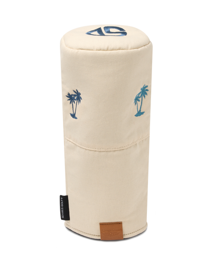 Front view of the Palm Beach Driver Headcover in Cream featuring embroidered blue palm tree motifs and leather logo patch