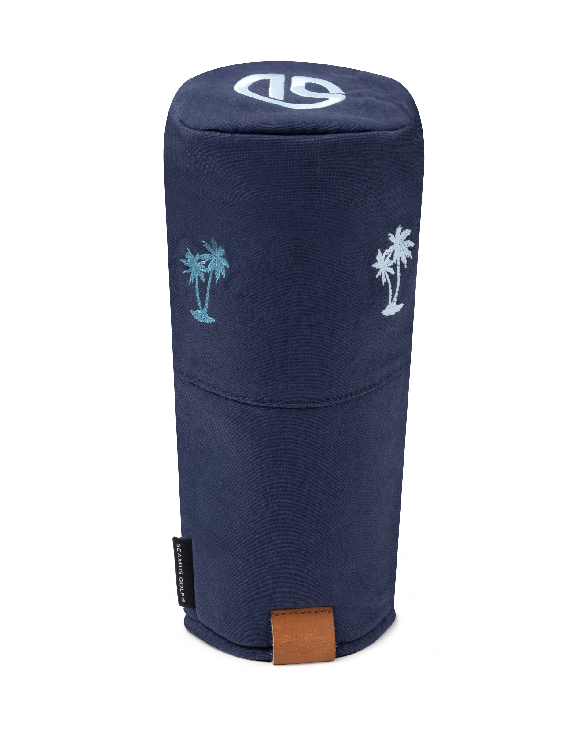Front view of the Palm Beach Driver Headcover in navy blue featuring embroidered blue palm tree motifs and leather logo patch