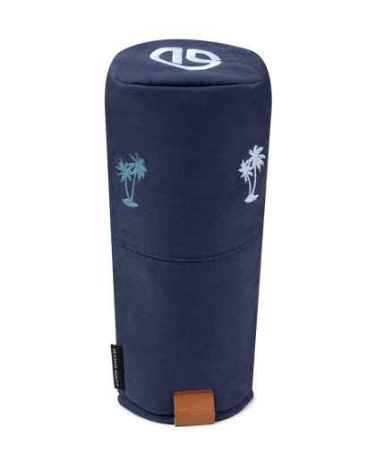 Front view of the Palm Beach Driver Headcover in navy blue featuring embroidered blue palm tree motifs and leather logo patch