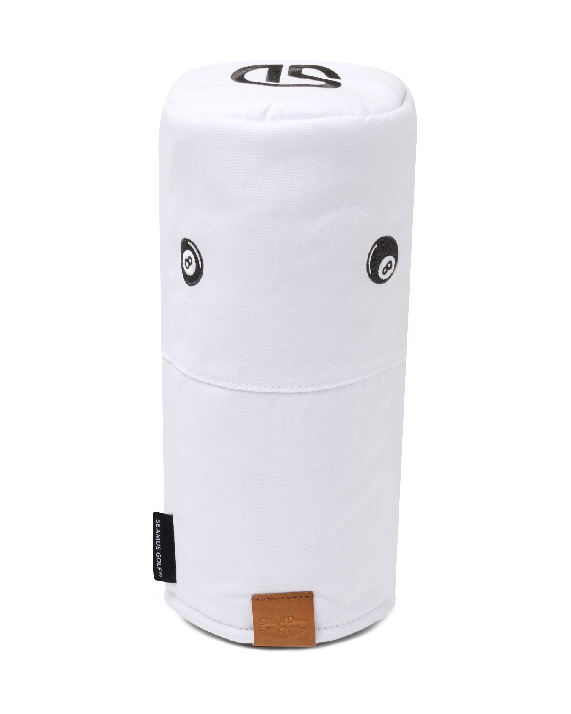 Straight Down 8 Ball Driver Headcover in White, front view featuring a white driver headcover with black 8 ball graphics, Straight Down logo on top, and leather patch at the base