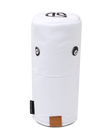 Straight Down 8 Ball Driver Headcover in White, front view featuring a white driver headcover with black 8 ball graphics, Straight Down logo on top, and leather patch at the base