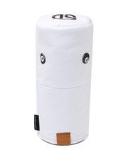 Straight Down 8 Ball Driver Headcover in White, front view featuring a white driver headcover with black 8 ball graphics, Straight Down logo on top, and leather patch at the base