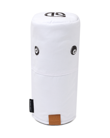 Straight Down 8 Ball Driver Headcover in White, front view featuring a white driver headcover with black 8 ball graphics, Straight Down logo on top, and leather patch at the base