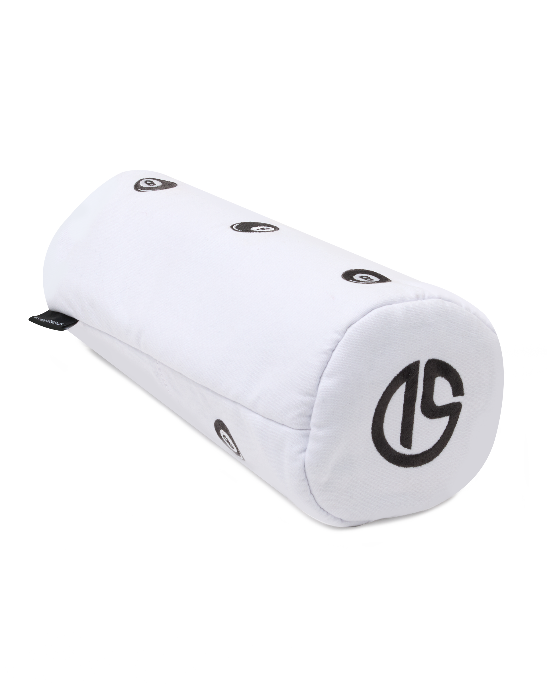 Straight Down 8 Ball Driver Headcover in White, side layed down view featuring a white driver headcover with allover black 8 ball graphics and the Straight Down logo on the end cap