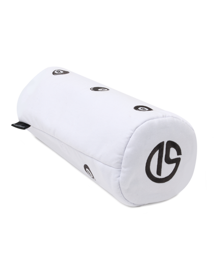 Straight Down 8 Ball Driver Headcover in White, side layed down view featuring a white driver headcover with allover black 8 ball graphics and the Straight Down logo on the end cap