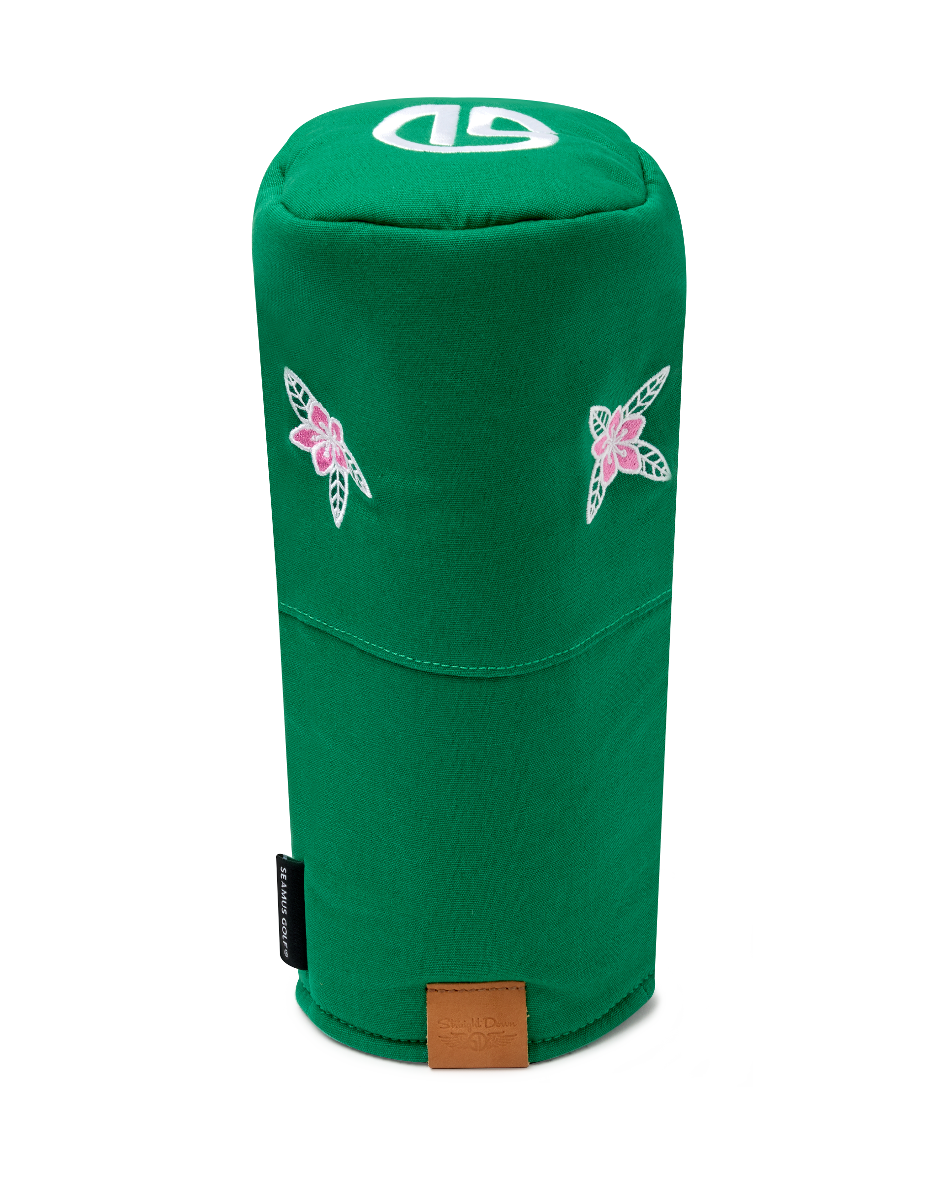 Azalea Driver Headcover in Green featuring pink azalea flower embroidery and white SD logo detail