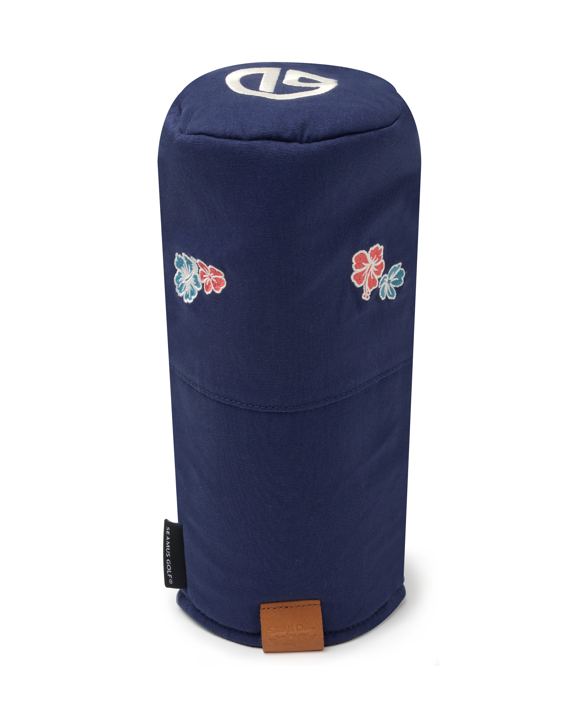 Straight Down Hibiscus Driver Headcover in Navy, front view featuring a navy driver headcover with embroidered red and blue hibiscus flower graphics, Straight Down logo on top, and leather patch at the base