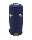 Straight Down Hibiscus Driver Headcover in Navy, front view featuring a navy driver headcover with embroidered red and blue hibiscus flower graphics, Straight Down logo on top, and leather patch at the base