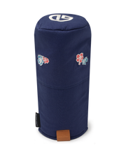 Straight Down Hibiscus Driver Headcover in Navy, front view featuring a navy driver headcover with embroidered red and blue hibiscus flower graphics, Straight Down logo on top, and leather patch at the base